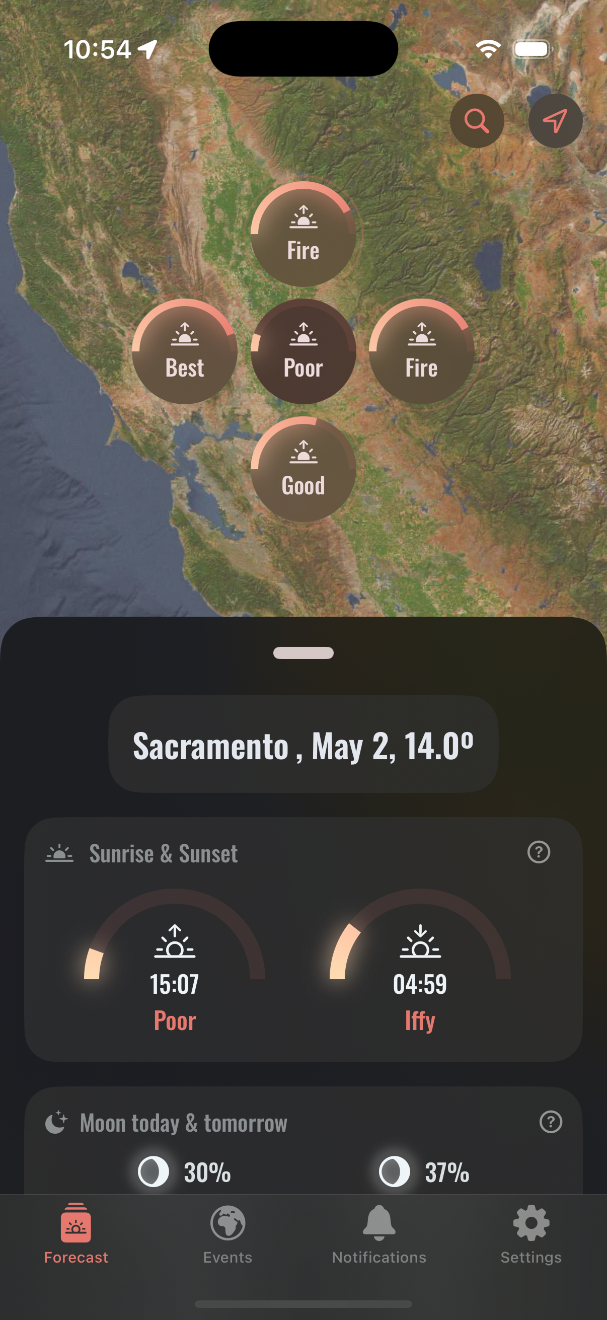 Solora sunrise and sunset forecast screen