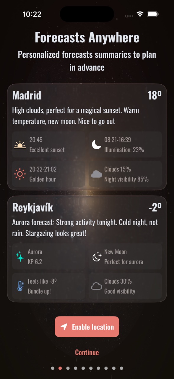 Forecasts Anywhere screen showing personalized weather summaries for Madrid and Reykjavik with aurora predictions