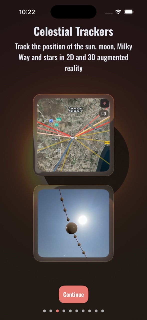Celestial Trackers screen showing AR tracking of sun, moon, and Milky Way with map and sky visualization