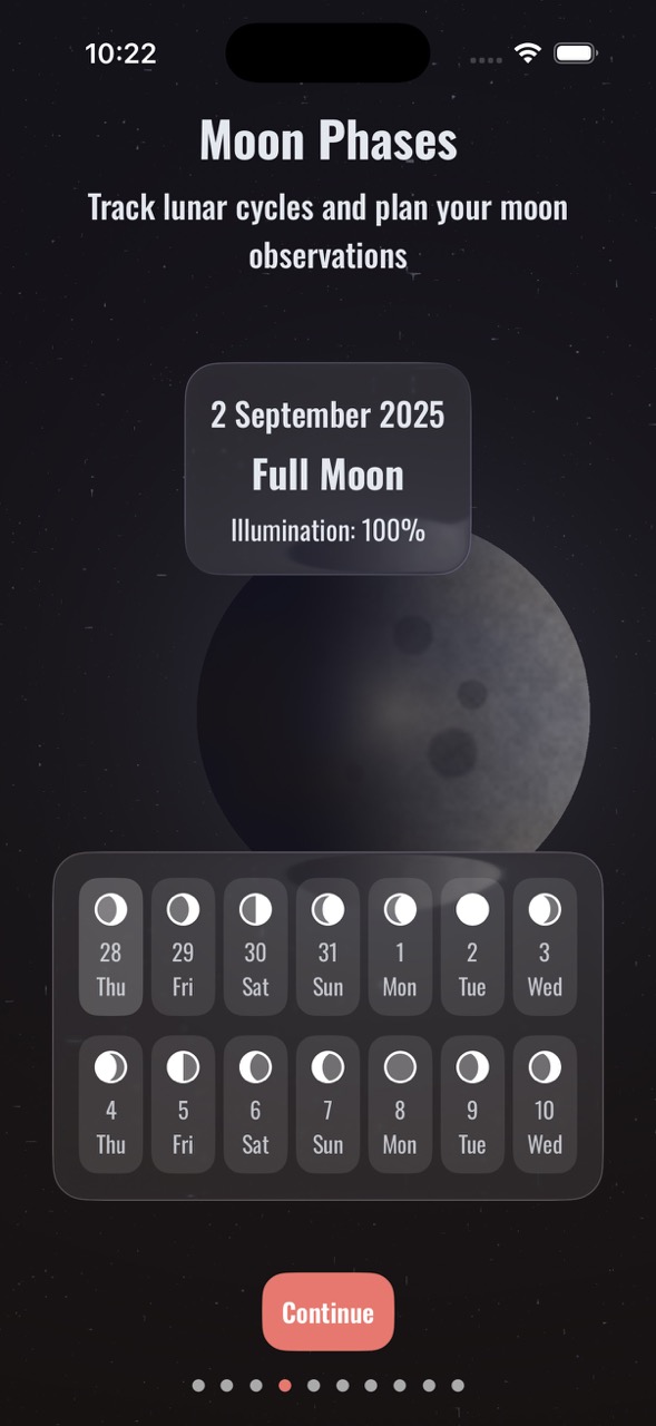 Moon Phases screen showing lunar cycle tracking with interactive calendar and full moon details