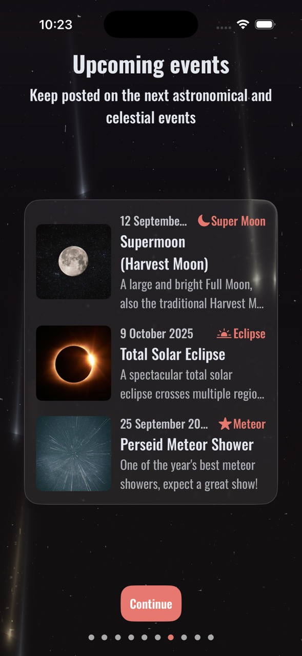Upcoming events screen showing astronomical events including supermoon, solar eclipse, and meteor shower