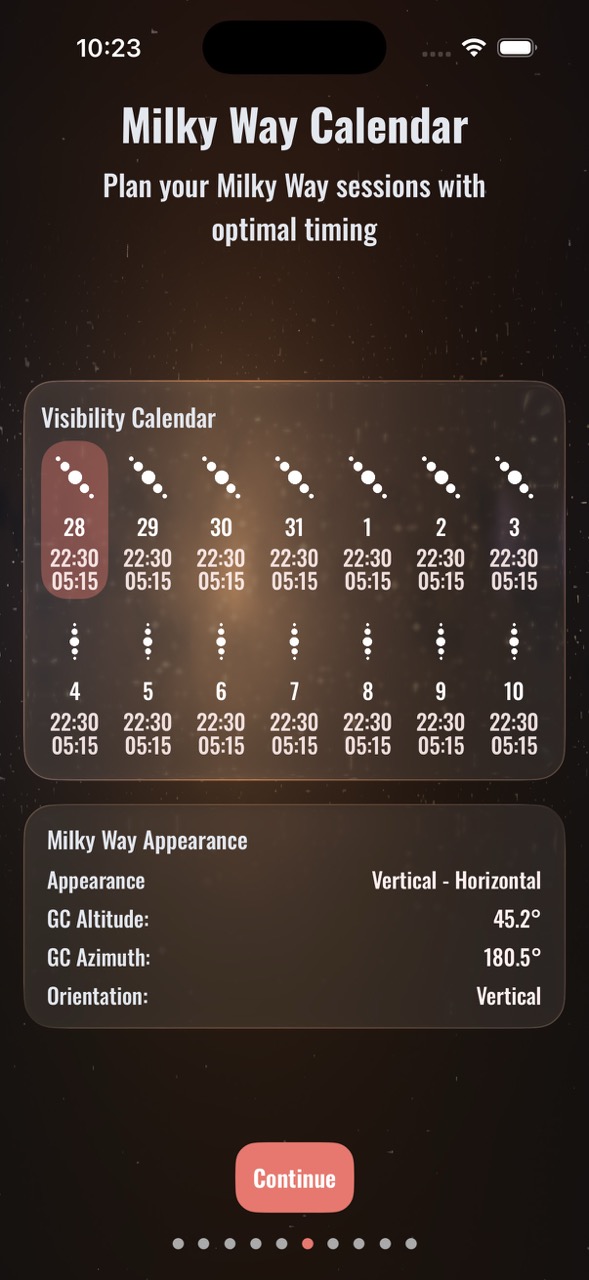Milky Way Calendar screen showing visibility calendar and galactic center appearance details