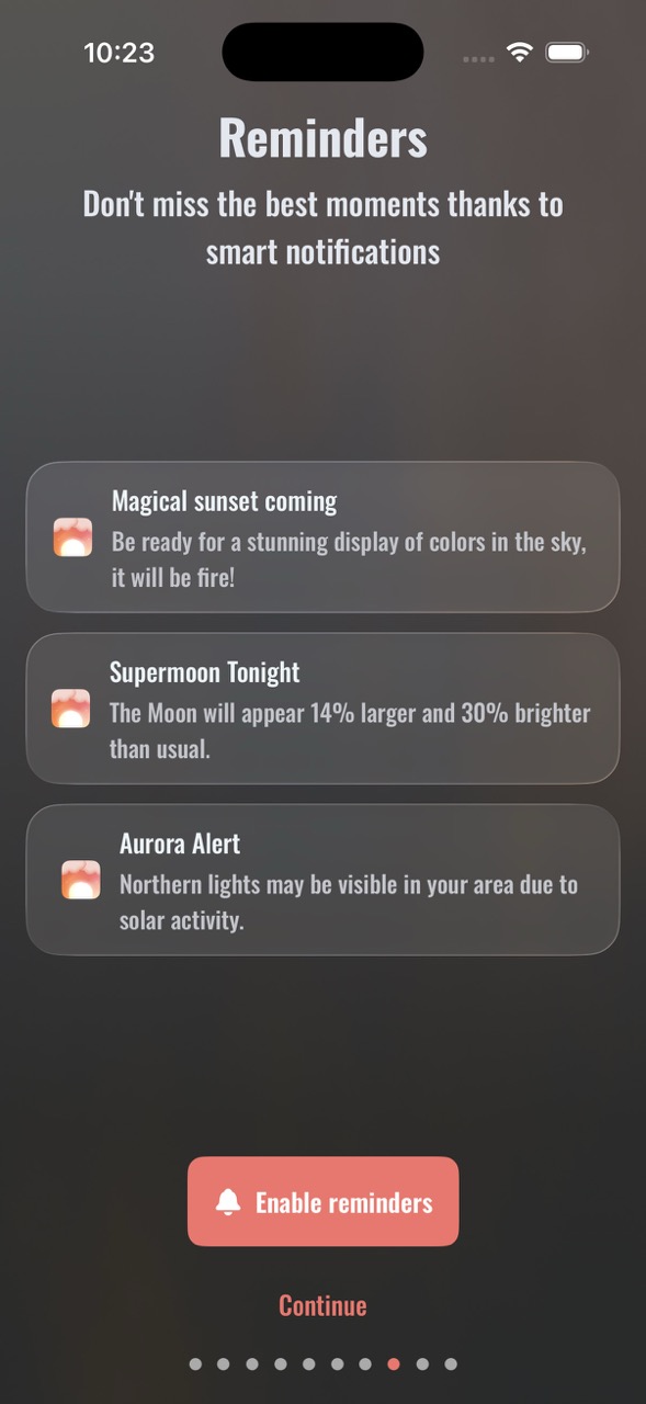Reminders screen showing smart notifications for magical sunset, supermoon, and aurora alerts