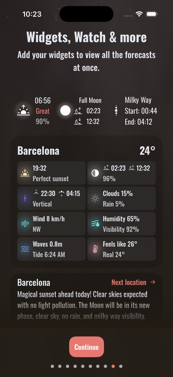 Widgets and Watch screen showing comprehensive forecast widgets and Barcelona weather summary