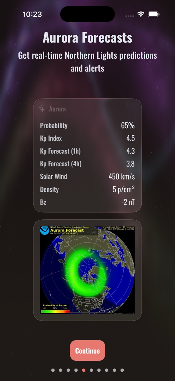 Aurora Forecasts screen showing KP index, probability metrics, and real-time northern lights prediction map