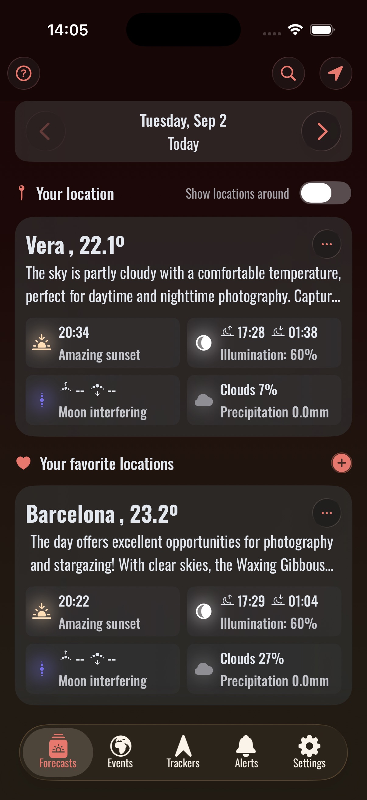 Solora App notifications and widgets interface showing smart alerts for celestial events