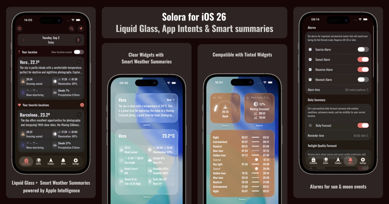 Solora app interface showcase featuring multiple screens and features